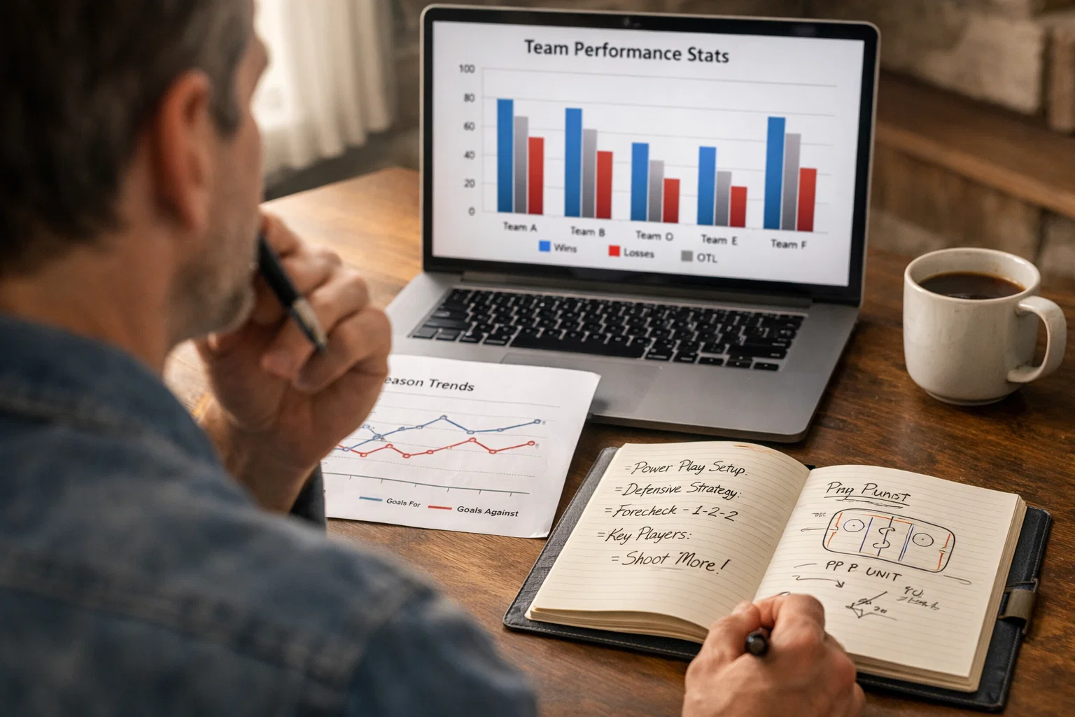 Henkilö analysoi jääkiekkotilastoja muistiinpanojen ja läppärin avulla