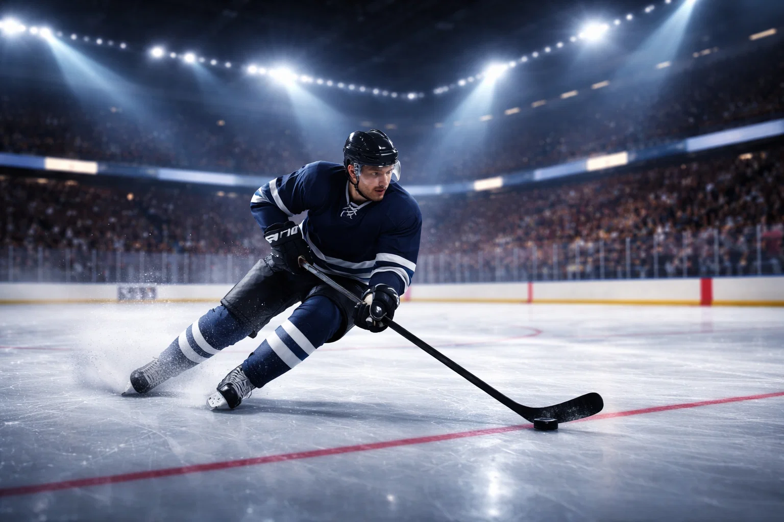 Jääkiekko-ottelu käynnissä täydessä hallissa kirkkaiden valaisimien alla