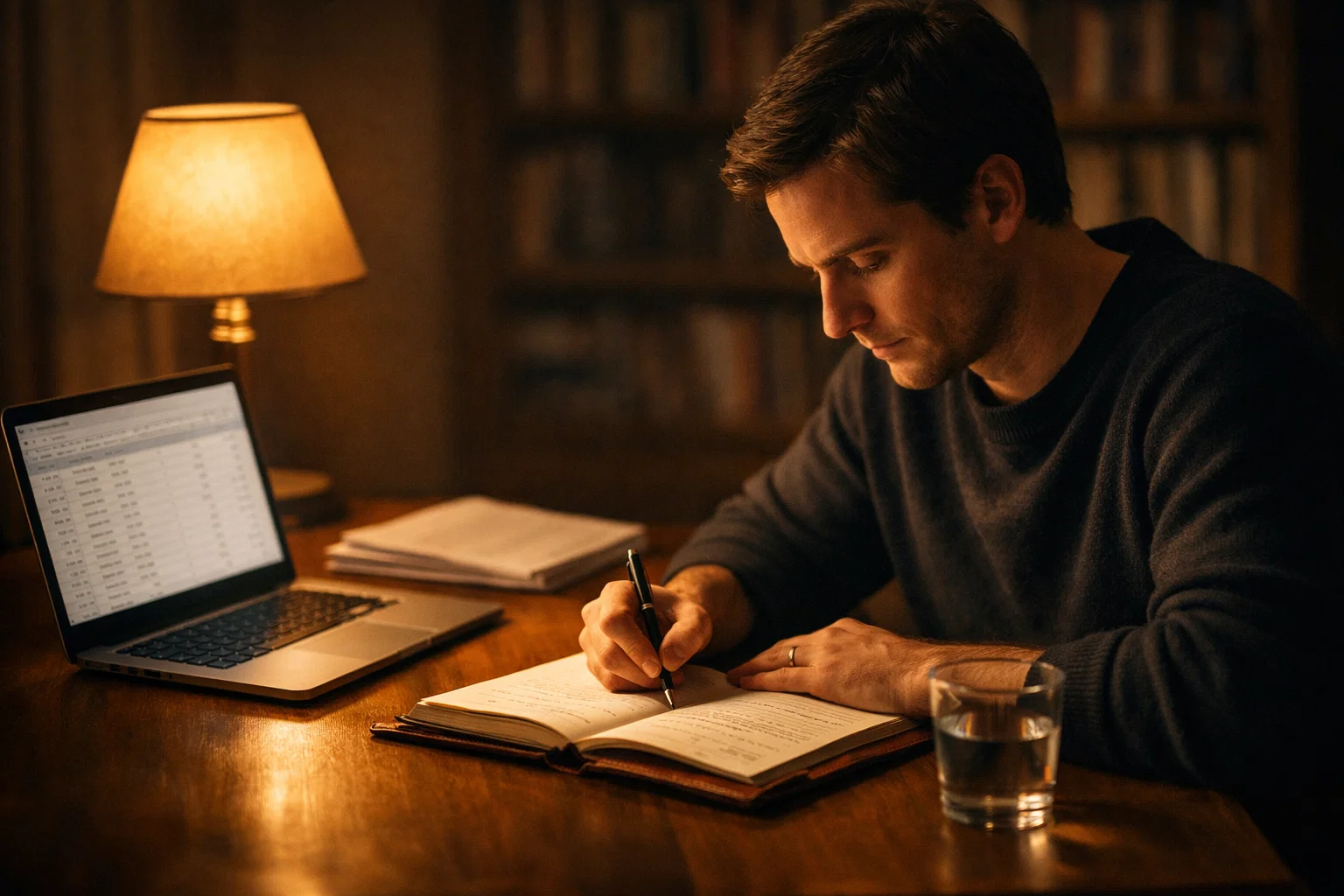 Keskittynyt henkilö tekee muistiinpanoja jääkiekko-ottelusta työpöydän ääressä