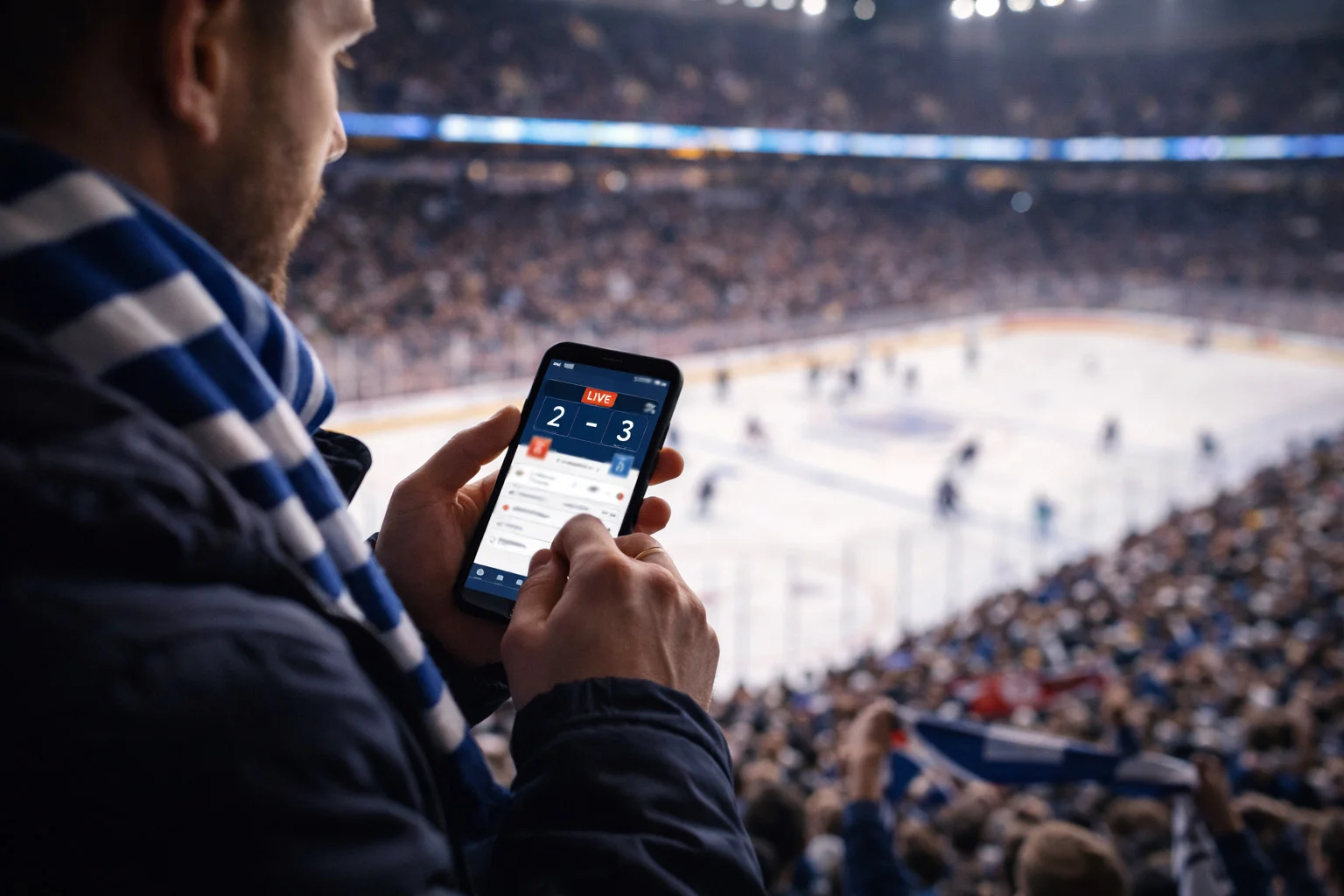 Jääkiekko-ottelun live-seuranta puhelimella katsomossa