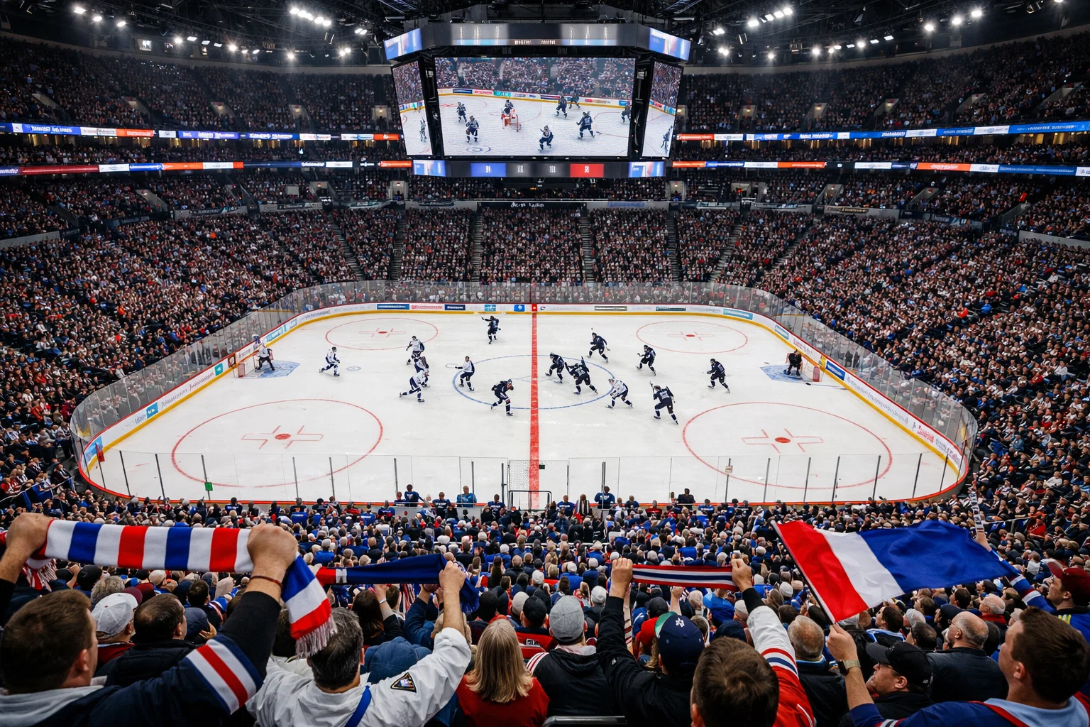 Jääkiekkoareena yleisöä täynnä NHL-ottelun aikana